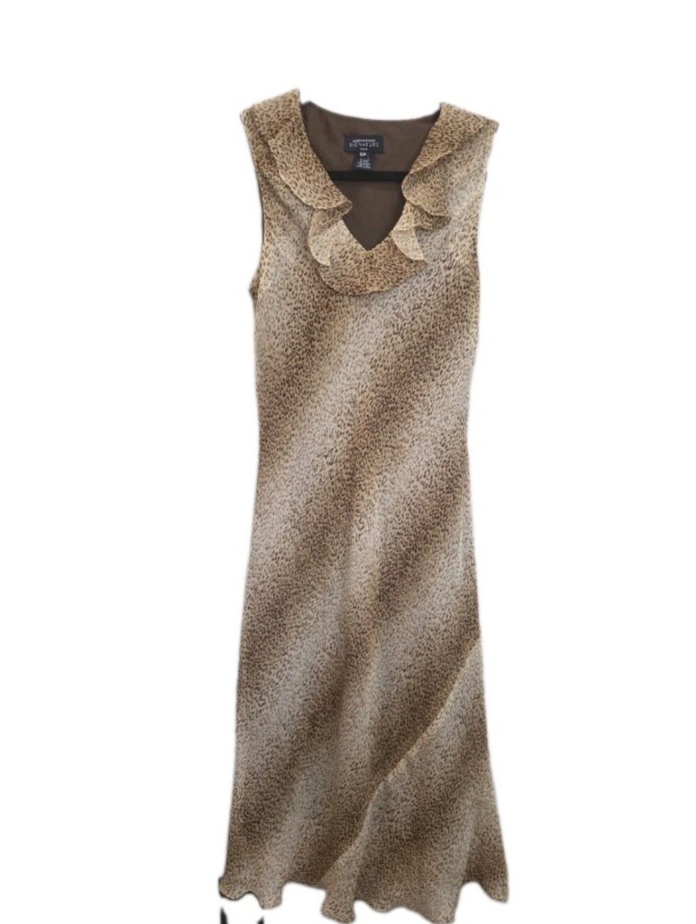 VTG Leopard Print Silk Dress 10P Jones New York Signature Ruffle Sleeveless y2k